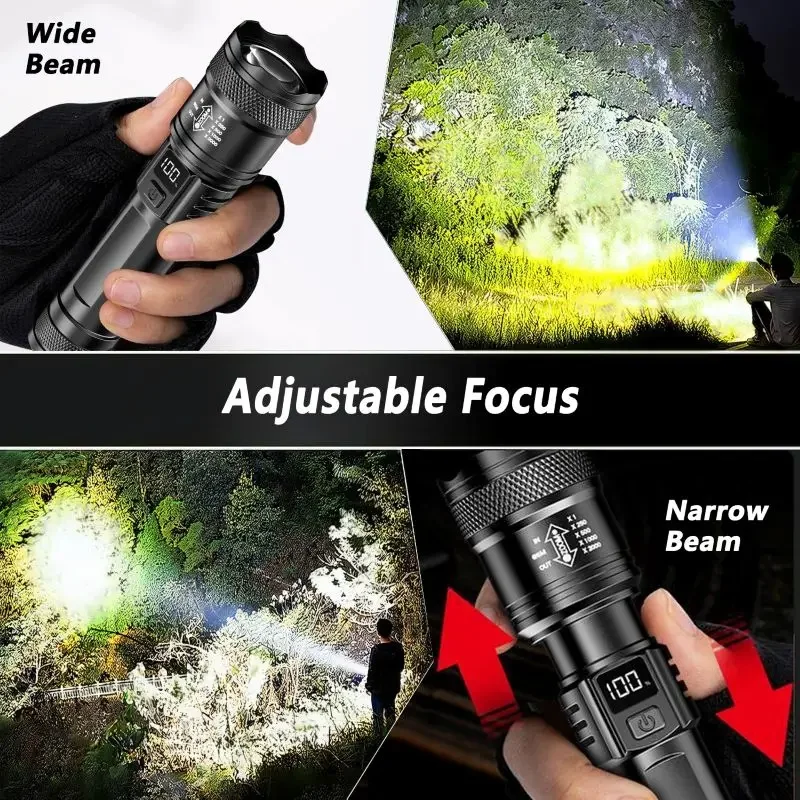 Rechargeable LED Flashlight 10000LM Zoomable Torch Waterproof 5 Modes with LCD Display Charging for Camping Hiking Emergency