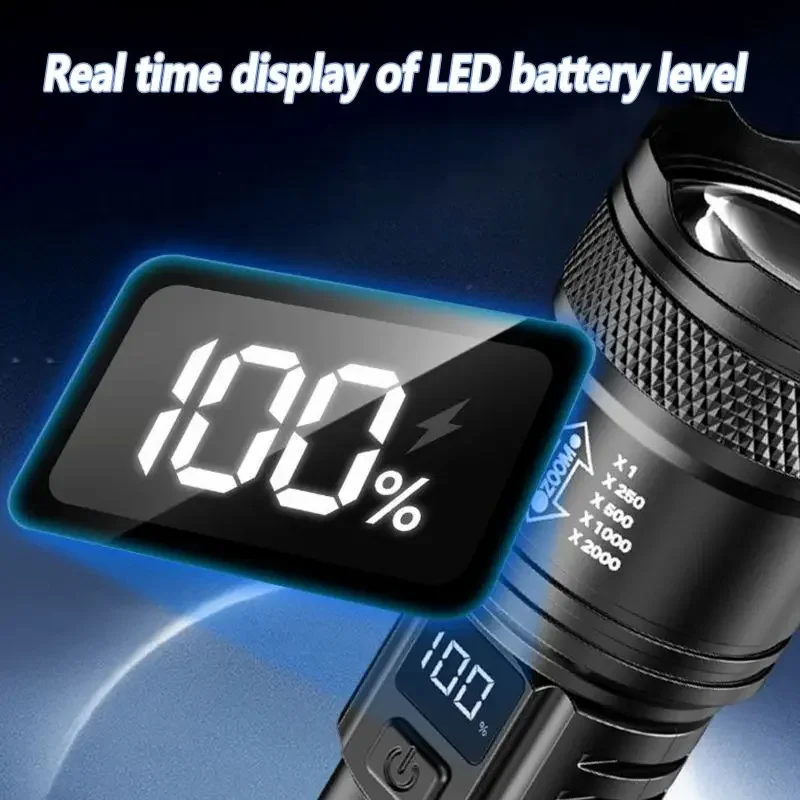 Rechargeable LED Flashlight 10000LM Zoomable Torch Waterproof 5 Modes with LCD Display Charging for Camping Hiking Emergency