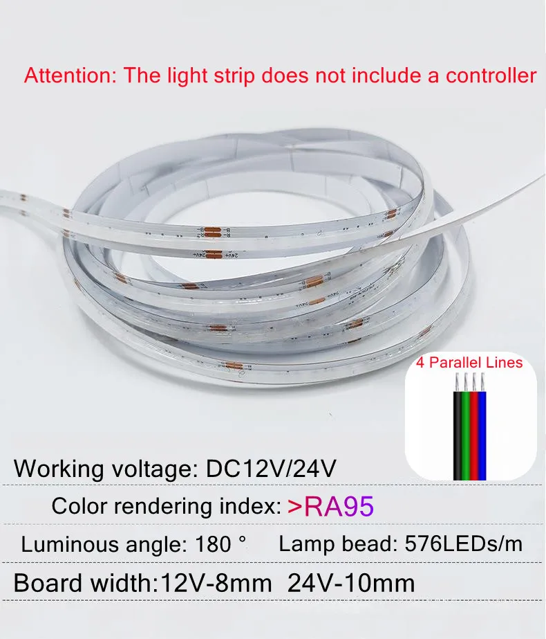 DC12V/24V RGB COB LED Strip 8mm/10mm Width 576LEDs/M High Density RA95 Flexible Tape for DIY Living Room Bedroom Decor Lighting
