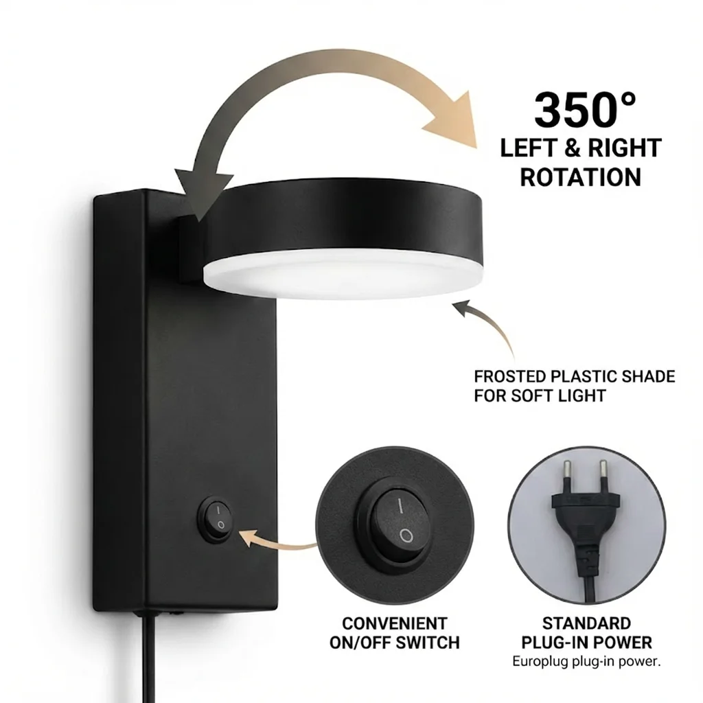 Modern plug indoor LED wall light 350 degree rotating 3W aluminum wall light, with switch button, suitable for desk, desk, bedro