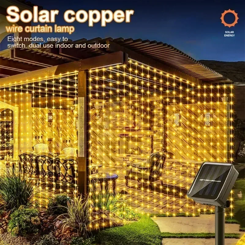 3X3M Solar Outdoor Curtain Lights with 8 Modes, Holiday Party Decorations, Fairy Lights, 100/200/300 LED String Lights 3X2M 3X1M