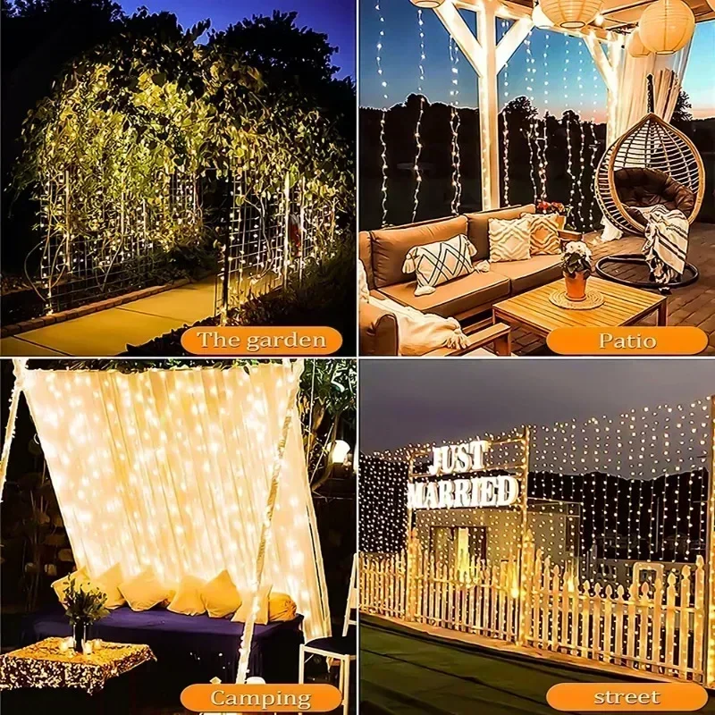 3X3M Solar Outdoor Curtain Lights with 8 Modes, Holiday Party Decorations, Fairy Lights, 100/200/300 LED String Lights 3X2M 3X1M