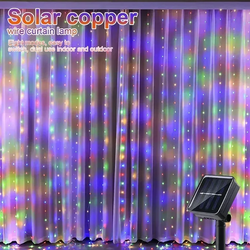 3X3M Solar Outdoor Curtain Lights with 8 Modes, Holiday Party Decorations, Fairy Lights, 100/200/300 LED String Lights 3X2M 3X1M