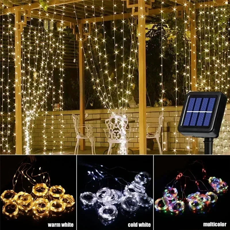3X3M Solar Outdoor Curtain Lights with 8 Modes, Holiday Party Decorations, Fairy Lights, 100/200/300 LED String Lights 3X2M 3X1M
