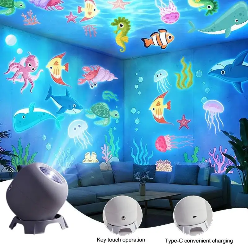 LED Ocean Projector Light 360° Rotating USB Powered Ambient Light Portable Dynamic Night Lamp for Travel Camping Use