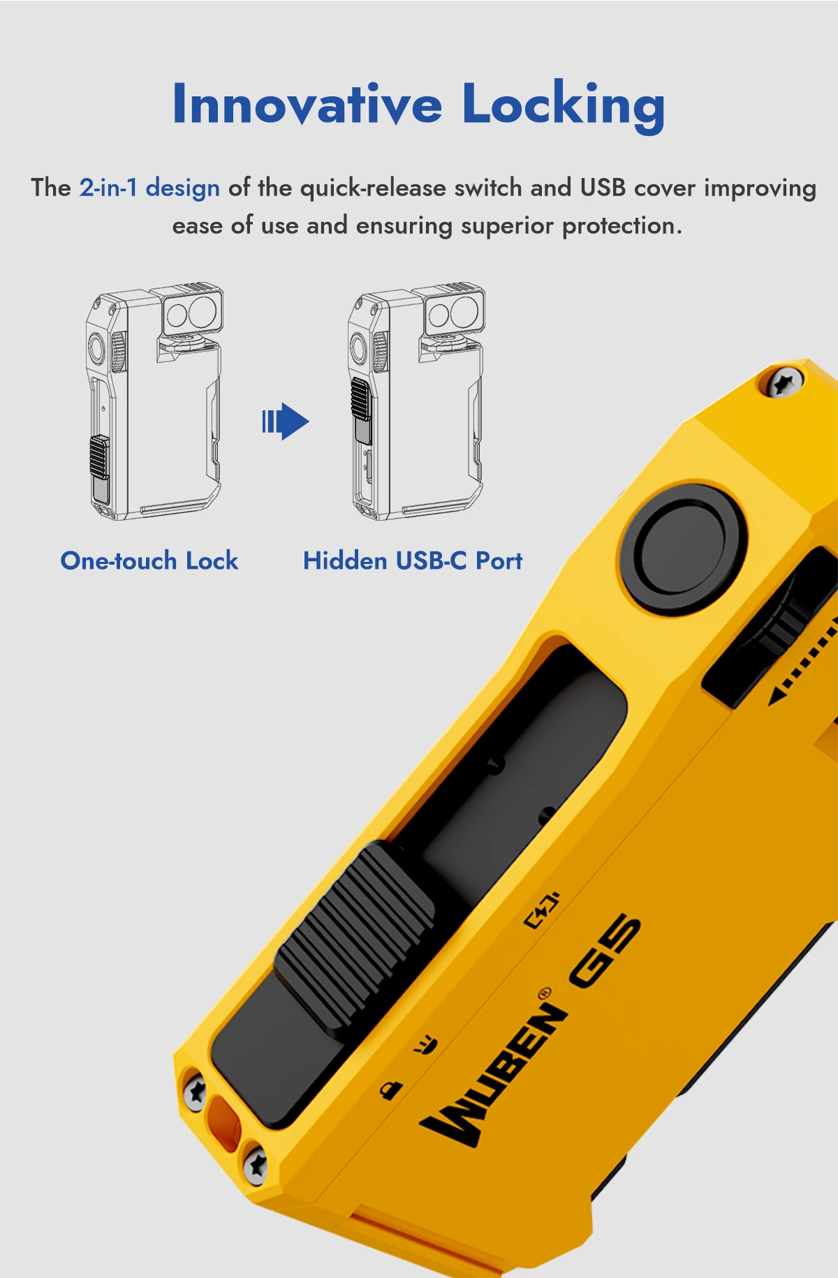 WUBEN G5 Yellow Flashlight 400Lm RGB 180° Rotating Head Magnetic Keychain Type-C Fast Charge 65H IP65 Compact & Rugged