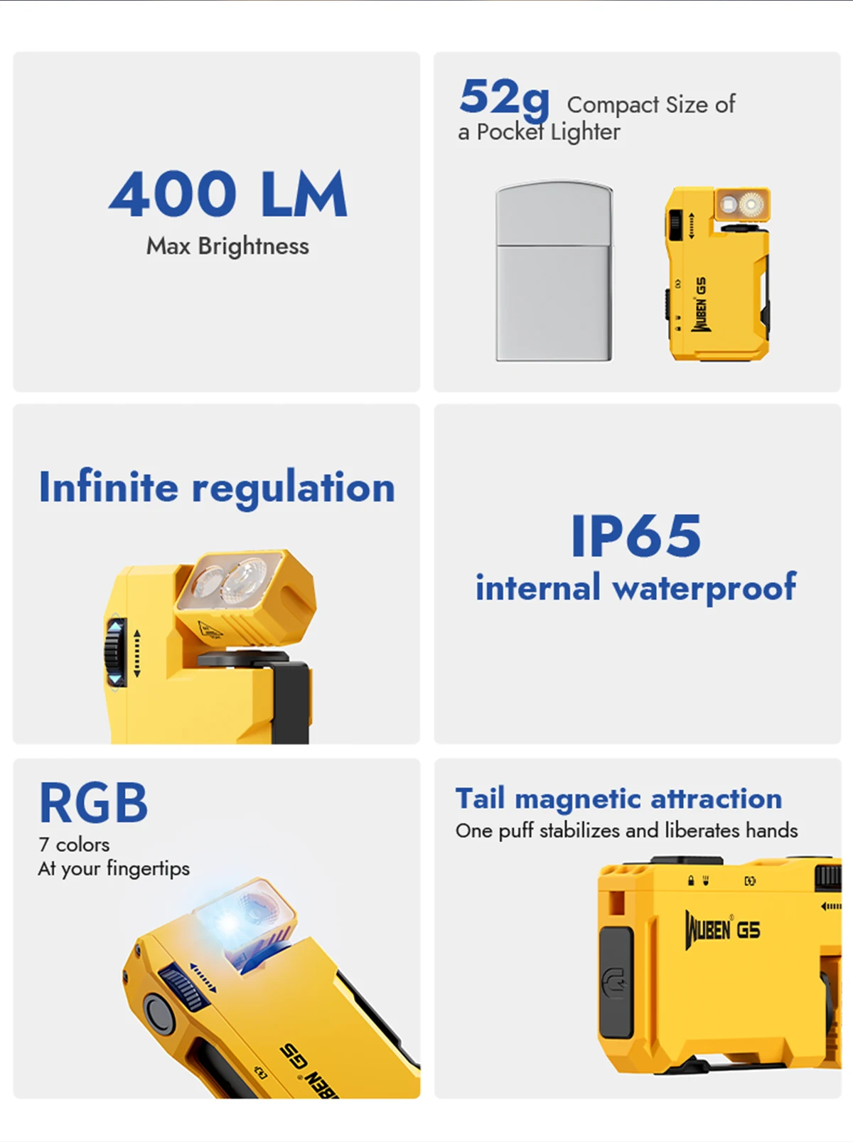 WUBEN G5 Yellow Flashlight 400Lm RGB 180° Rotating Head Magnetic Keychain Type-C Fast Charge 65H IP65 Compact & Rugged
