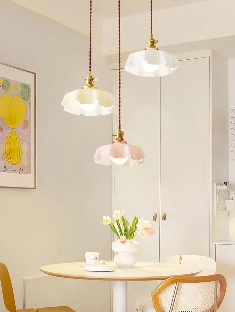 Cream-Style Glass Flower Skirt Dining Room Bedroom Bar Counter Chandelier Copper Lamp Head With Switch Ambient Lighting E27