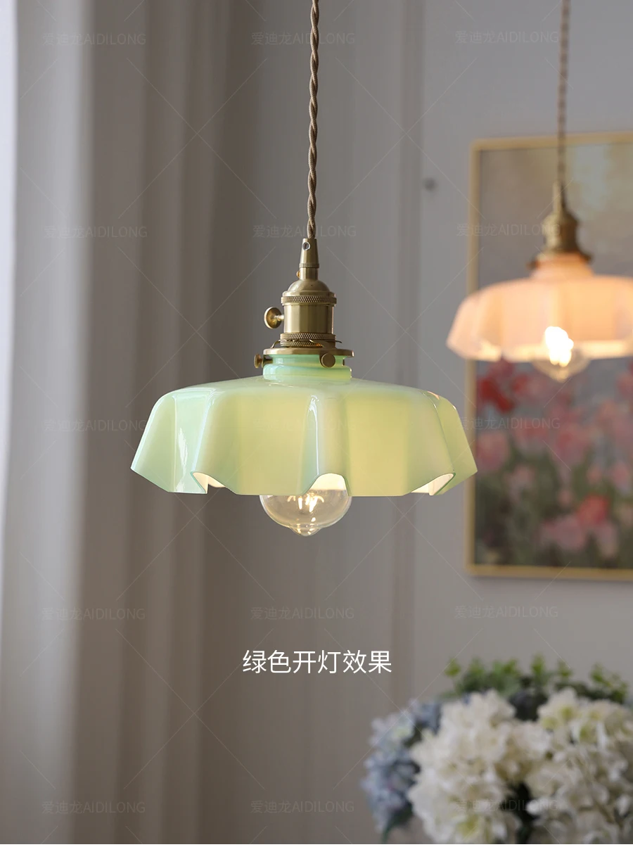 Cream-Style Glass Flower Skirt Dining Room Bedroom Bar Counter Chandelier Copper Lamp Head With Switch Ambient Lighting E27