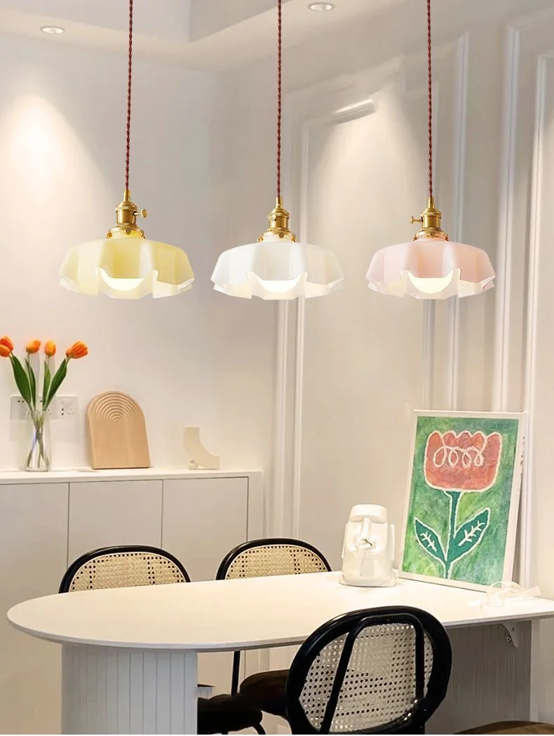 Cream-Style Glass Flower Skirt Dining Room Bedroom Bar Counter Chandelier Copper Lamp Head With Switch Ambient Lighting E27