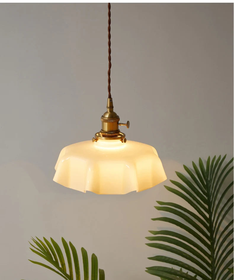 Cream-Style Glass Flower Skirt Dining Room Bedroom Bar Counter Chandelier Copper Lamp Head With Switch Ambient Lighting E27