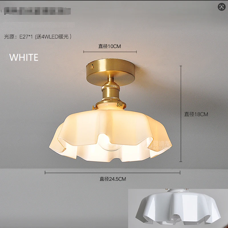 Cream-Style Glass Flower Skirt Dining Room Bedroom Bar Counter Chandelier Copper Lamp Head With Switch Ambient Lighting E27