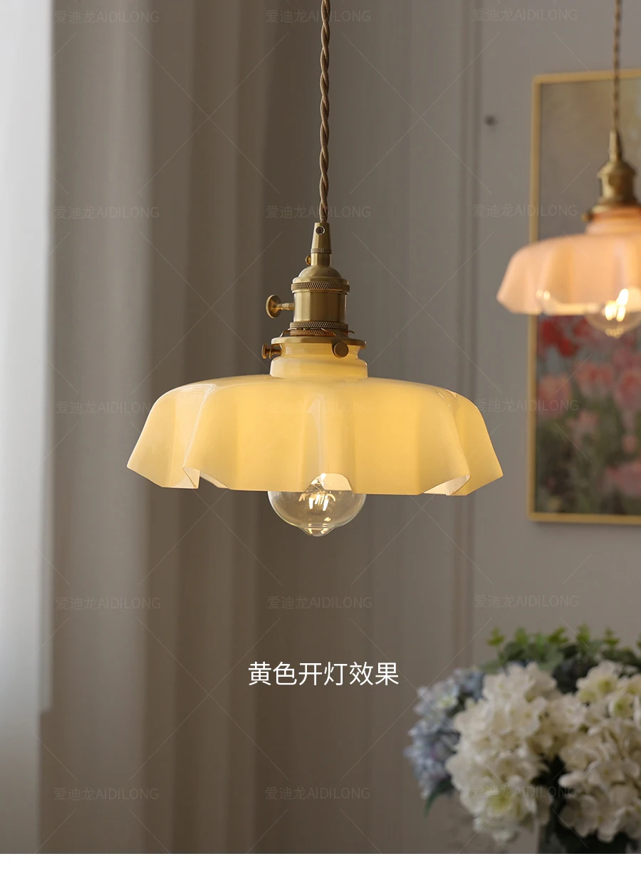 Cream-Style Glass Flower Skirt Dining Room Bedroom Bar Counter Chandelier Copper Lamp Head With Switch Ambient Lighting E27