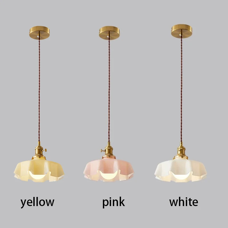 Cream-Style Glass Flower Skirt Dining Room Bedroom Bar Counter Chandelier Copper Lamp Head With Switch Ambient Lighting E27