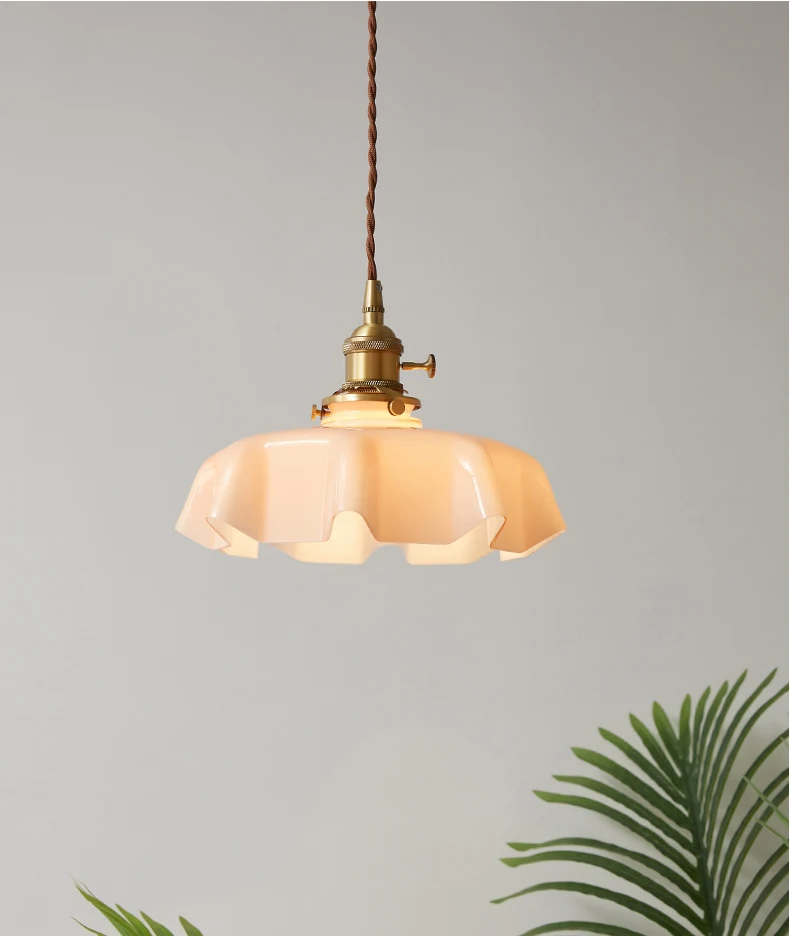 Cream-Style Glass Flower Skirt Dining Room Bedroom Bar Counter Chandelier Copper Lamp Head With Switch Ambient Lighting E27