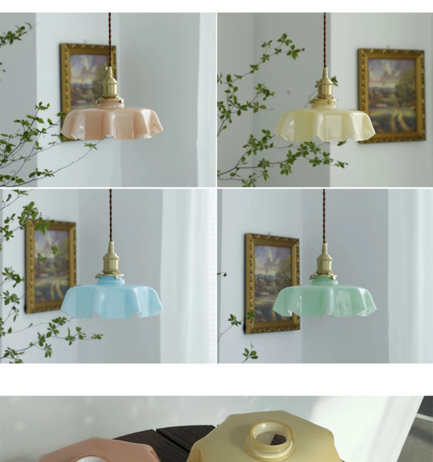 Cream-Style Glass Flower Skirt Dining Room Bedroom Bar Counter Chandelier Copper Lamp Head With Switch Ambient Lighting E27