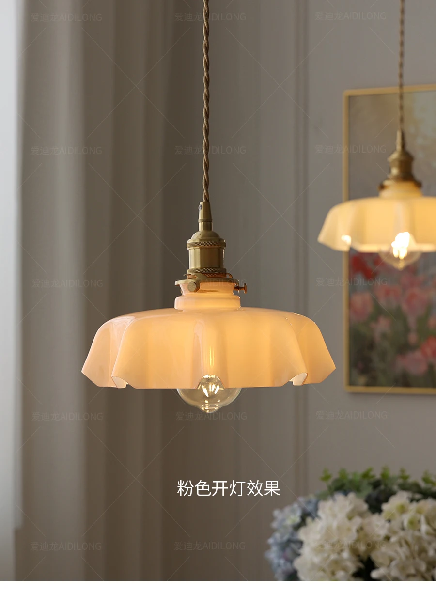 Cream-Style Glass Flower Skirt Dining Room Bedroom Bar Counter Chandelier Copper Lamp Head With Switch Ambient Lighting E27