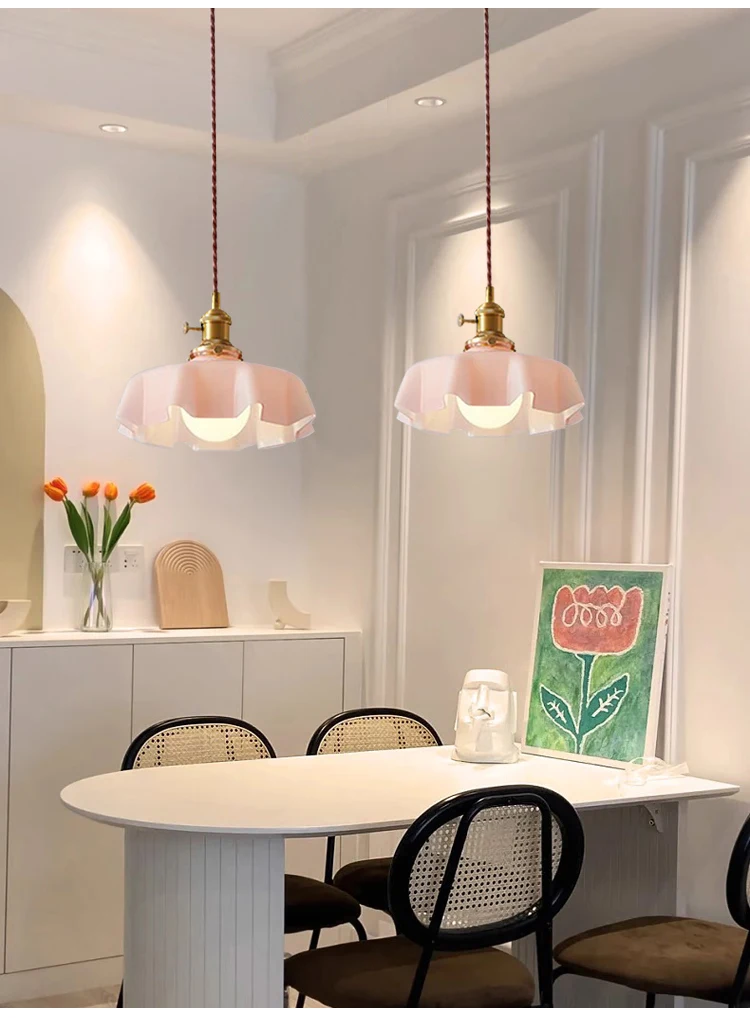 Cream-Style Glass Flower Skirt Dining Room Bedroom Bar Counter Chandelier Copper Lamp Head With Switch Ambient Lighting E27