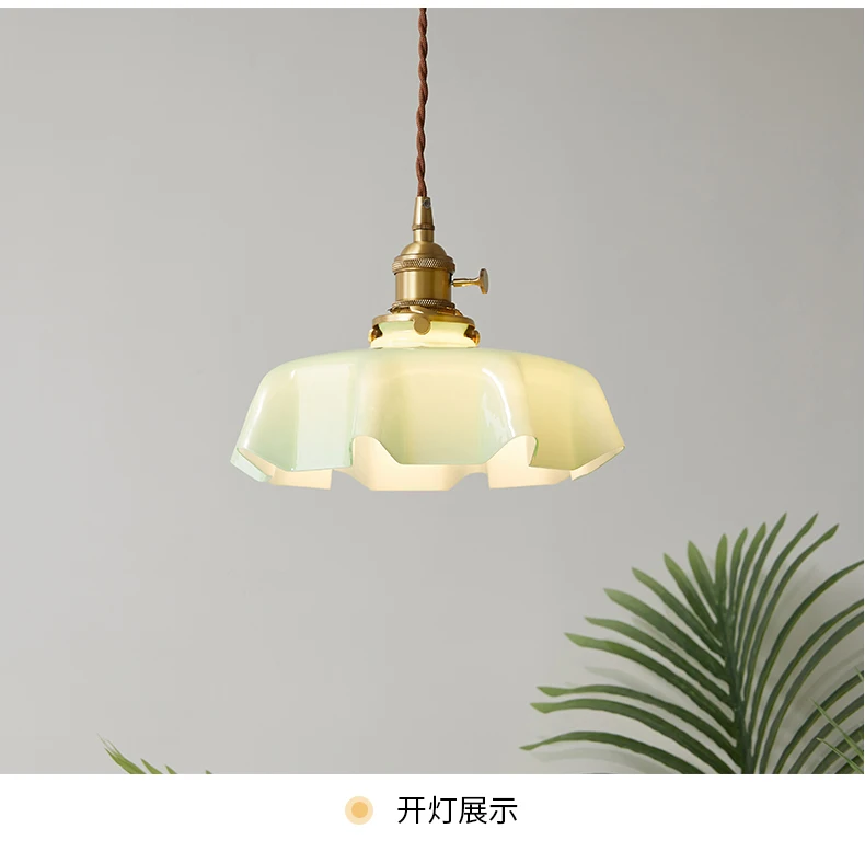 Cream-Style Glass Flower Skirt Dining Room Bedroom Bar Counter Chandelier Copper Lamp Head With Switch Ambient Lighting E27