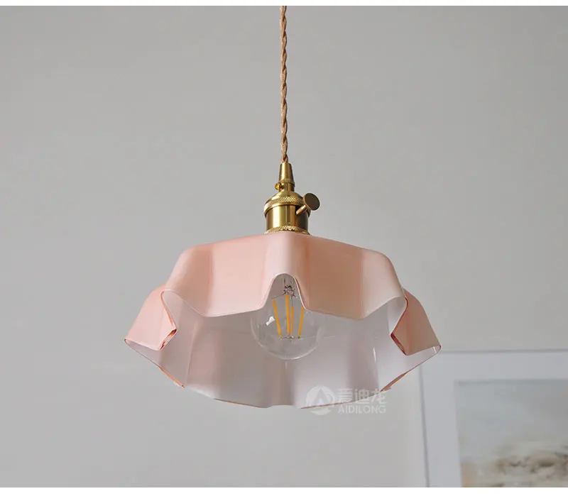 Cream-Style Glass Flower Skirt Dining Room Bedroom Bar Counter Chandelier Copper Lamp Head With Switch Ambient Lighting E27