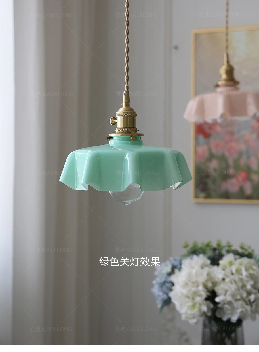 Cream-Style Glass Flower Skirt Dining Room Bedroom Bar Counter Chandelier Copper Lamp Head With Switch Ambient Lighting E27