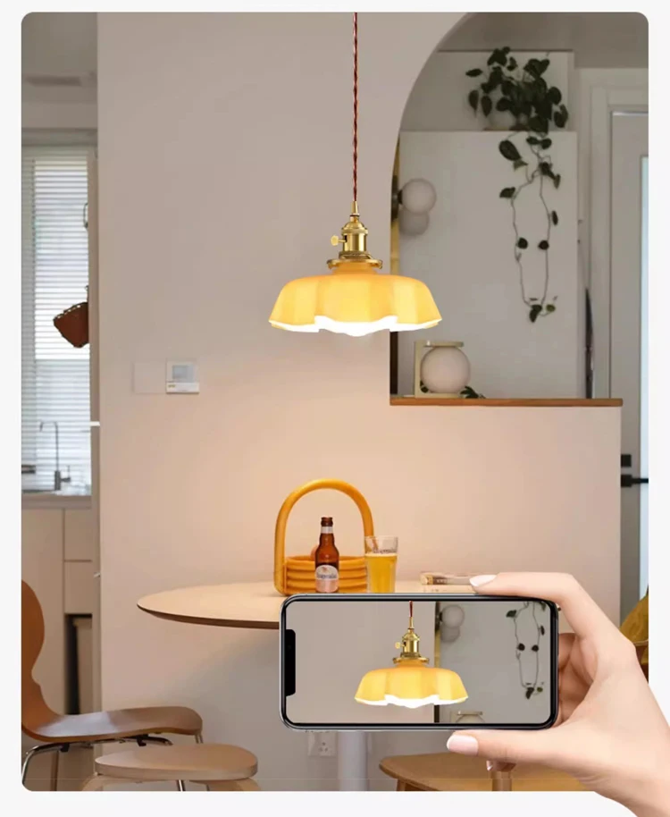 Cream-Style Glass Flower Skirt Dining Room Bedroom Bar Counter Chandelier Copper Lamp Head With Switch Ambient Lighting E27