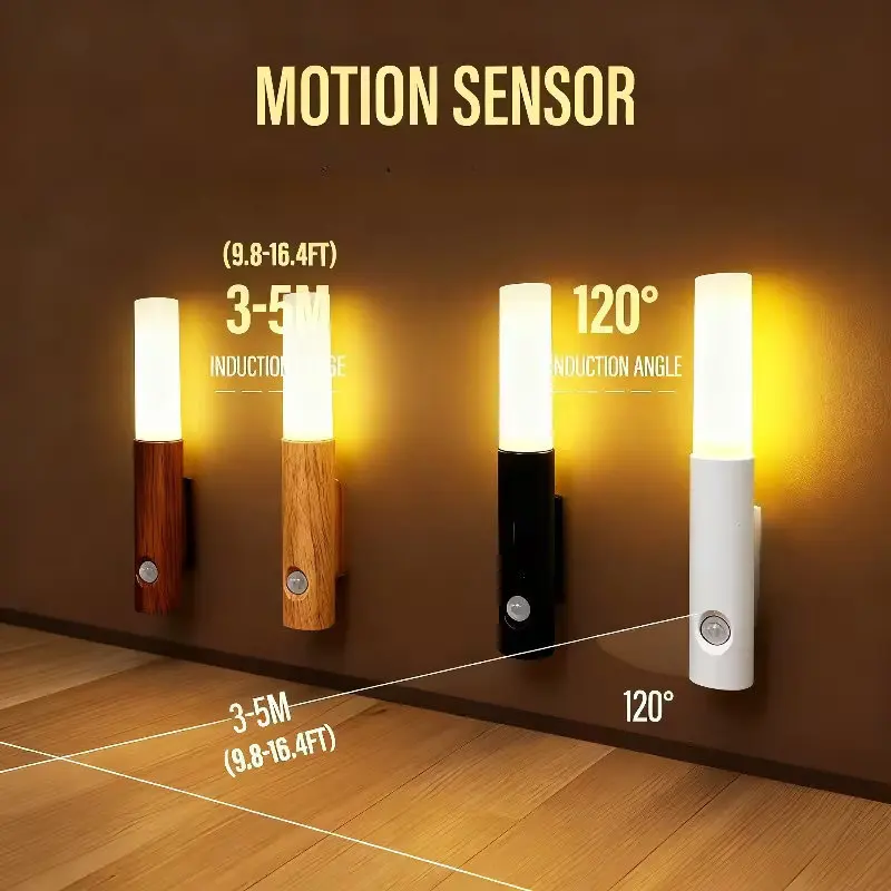 Indoor Wooden Wall Lamp Wardrobe Light Corridor Stairs Motion Sensor Night Light USB Rechargeable Magnetic LED Wall Light