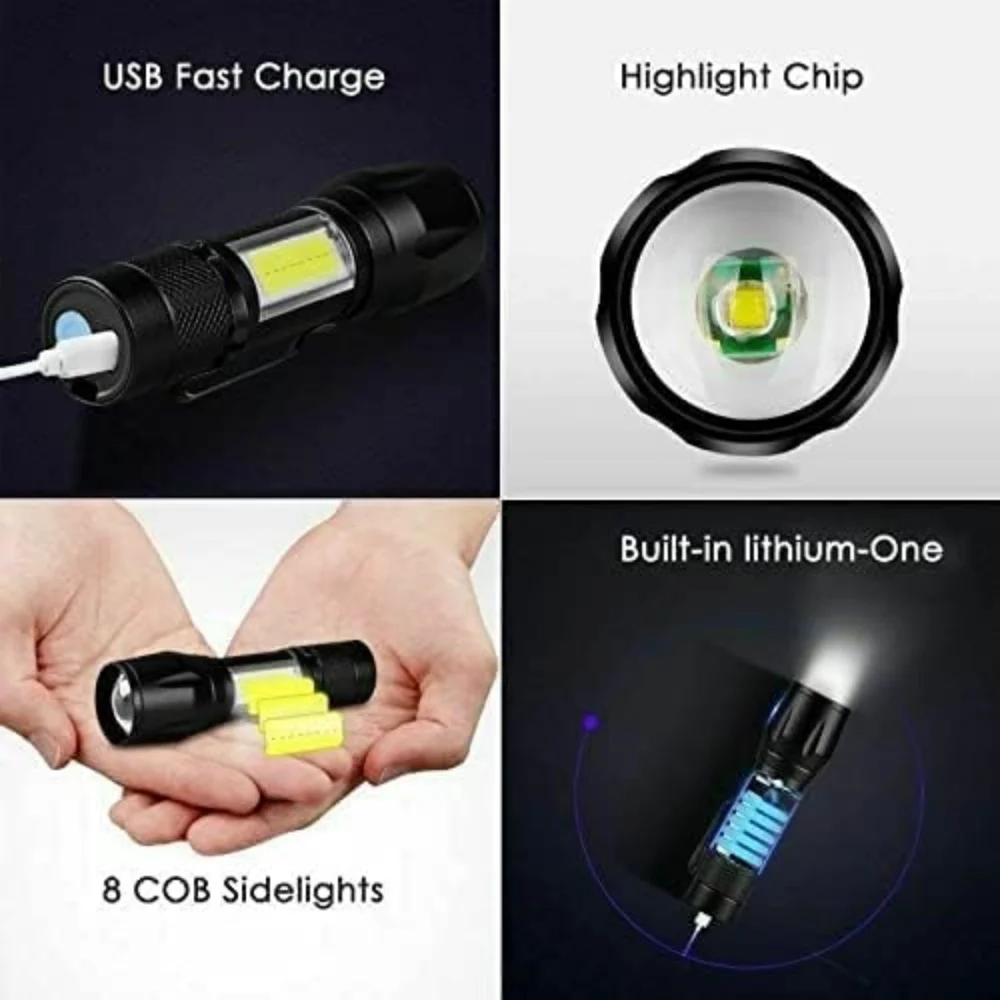 Led Flashlight Rechargeable USB Torch Mini Small Light With COB Flashlights Handheld Tiny Portable Pocket Keychain Flash Light