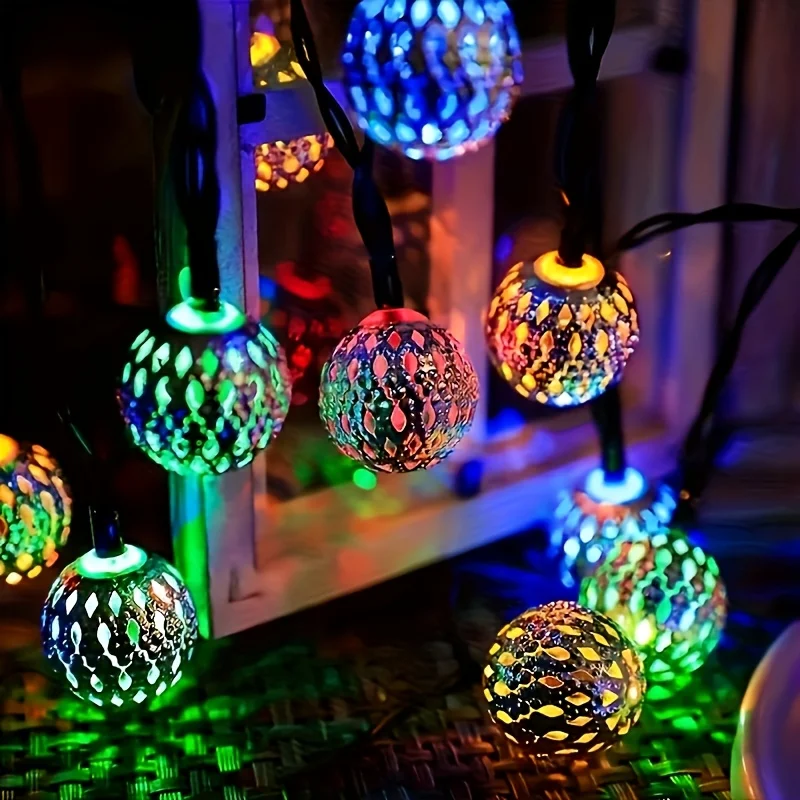 Outdoor Solar Moroccan Ball Light String 20/30 LEDs 8Lighting Modes Golden Ball Garden Decorative Light Courtyard Festival Decor