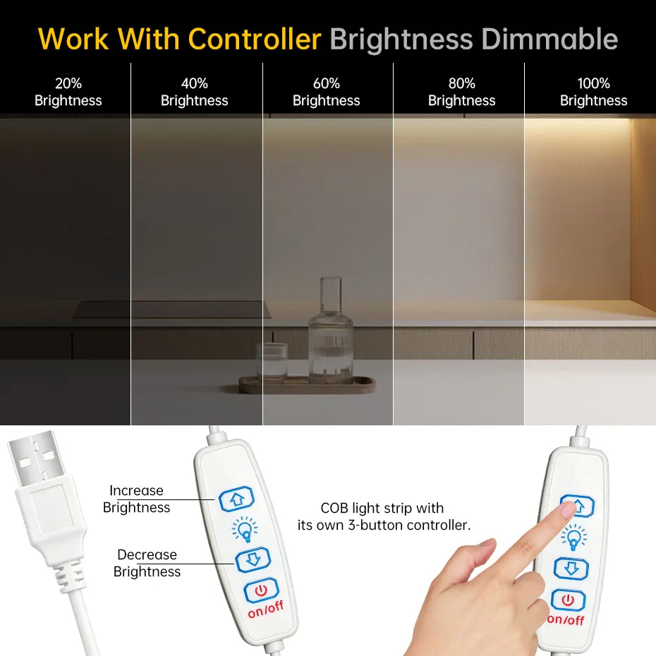 5V USB COB LED Strip Light 320LEDs/m 3Keys Dimmable ON/OFF Switch 1m-5m 8mm Flex Tape for Mirror TV Cabinet Stairs Lighting