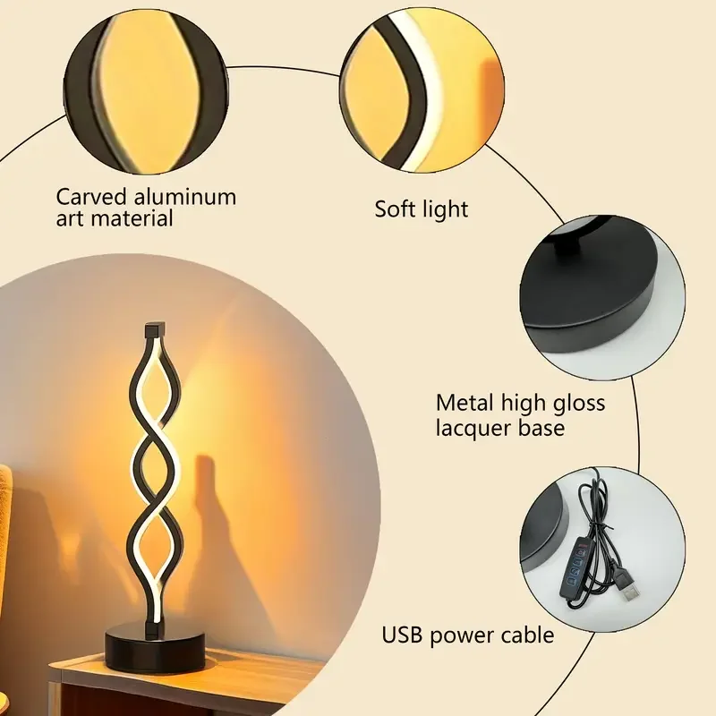 Dimmable Touch Control Table Lamp Spiral Modern Bedside Lamp with 3 Colors of LED Lights Decorative Lamp for Home Living Room