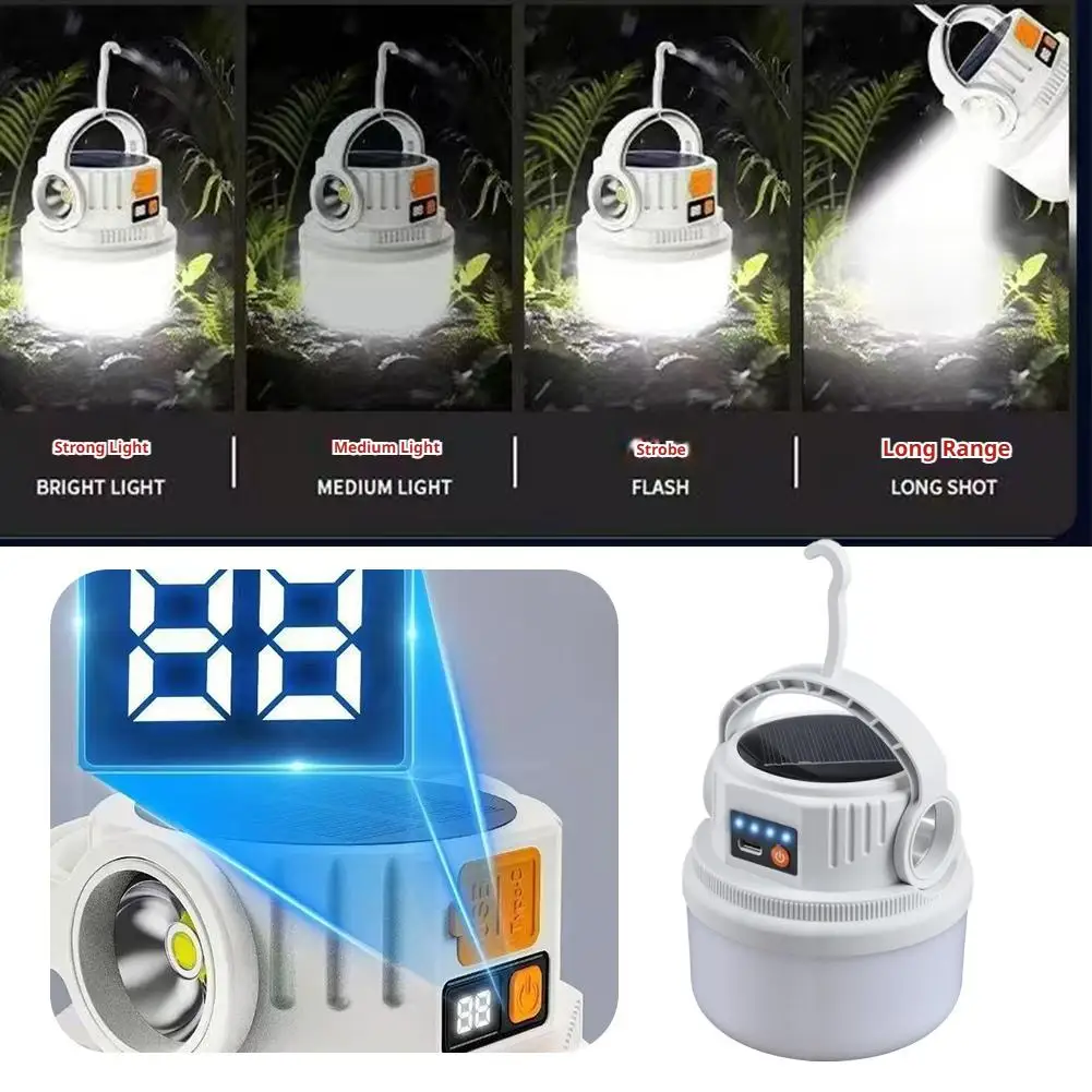 Portable LED Camping Lamp Solar Rechargeable Dual Light Outdoor Lantern with Power Bank Digital Display for Emergency Hiking