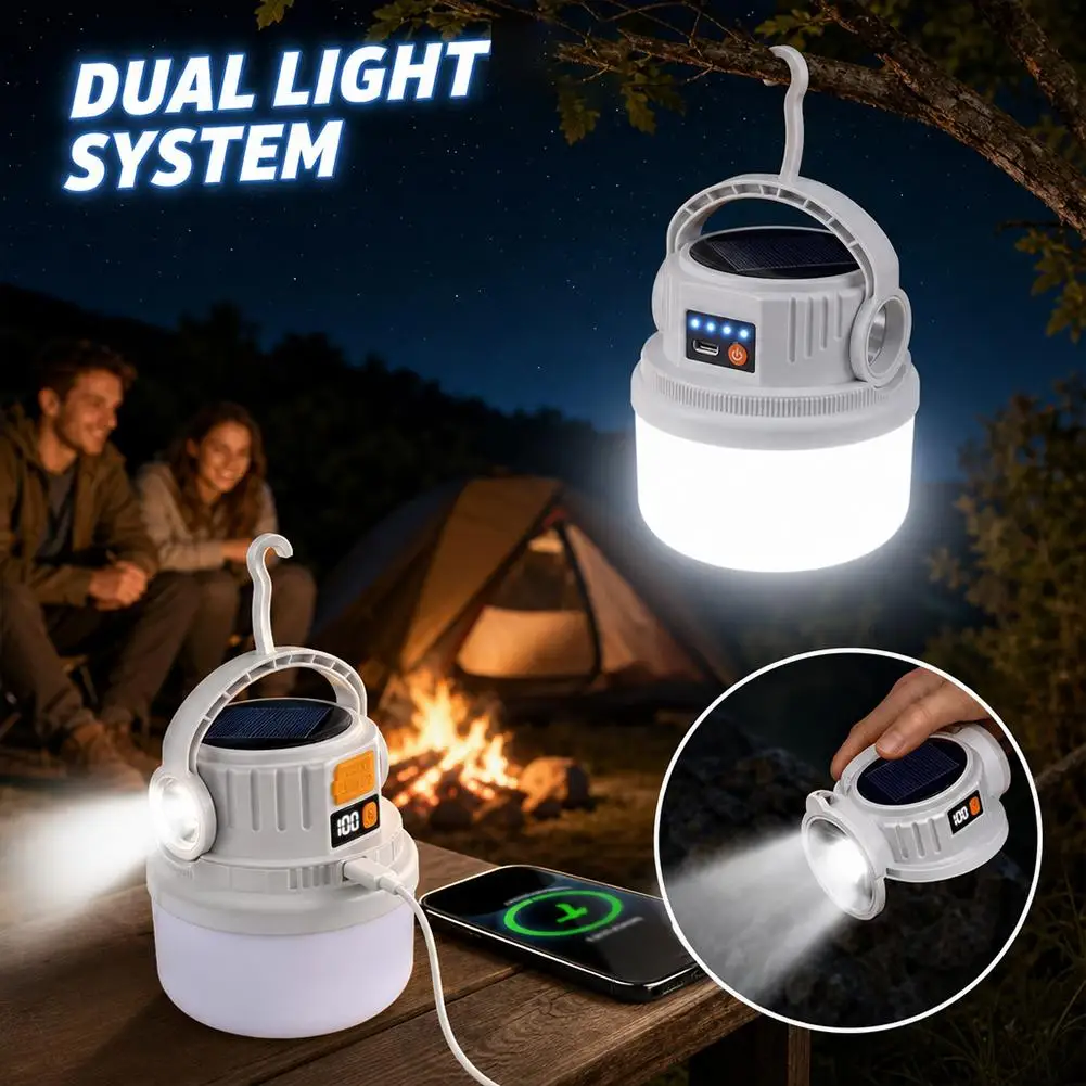 Portable LED Camping Lamp Solar Rechargeable Dual Light Outdoor Lantern with Power Bank Digital Display for Emergency Hiking