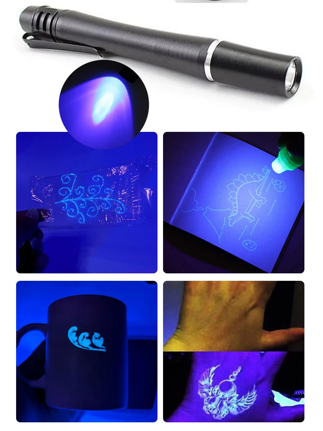 365nm UV Penlight Mini Ultra Violet Blacklight AAA Battery Metal Aluminum Pen Flashlight Torch Light for Invisible Ink Check