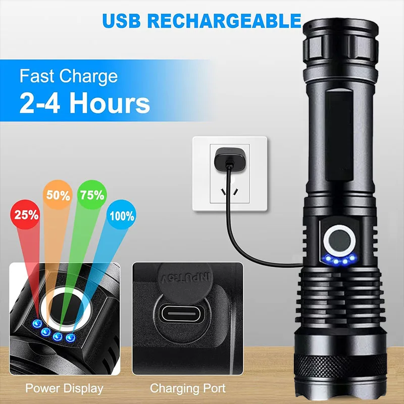 High Power LED Flashlight Super Bright Aluminum Alloy Rechargeable 26650 Battery Zoomable Flash Light for Camping