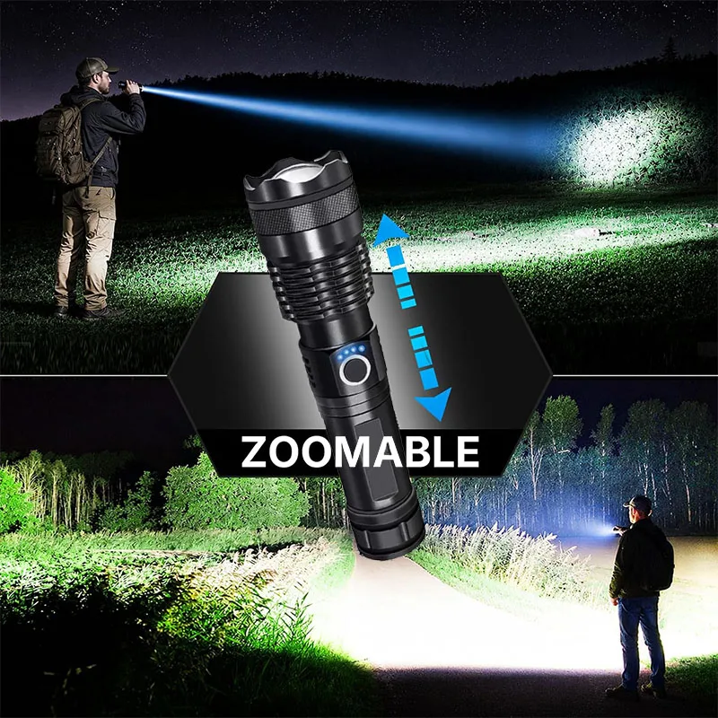 High Power LED Flashlight Super Bright Aluminum Alloy Rechargeable 26650 Battery Zoomable Flash Light for Camping