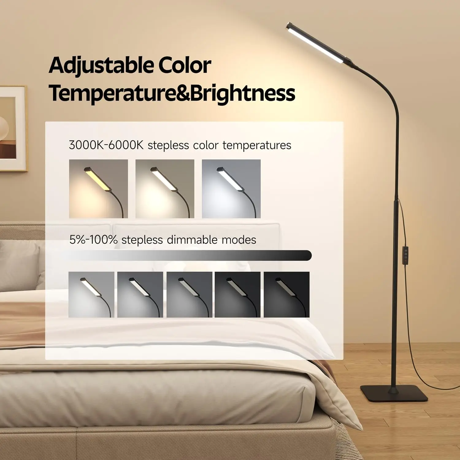LED Floor Lamp Changeable Reading Lamp 3000K-6000K 10 Brightness Levels Flexible Gooseneck Adjustable for Living Room Bedroom
