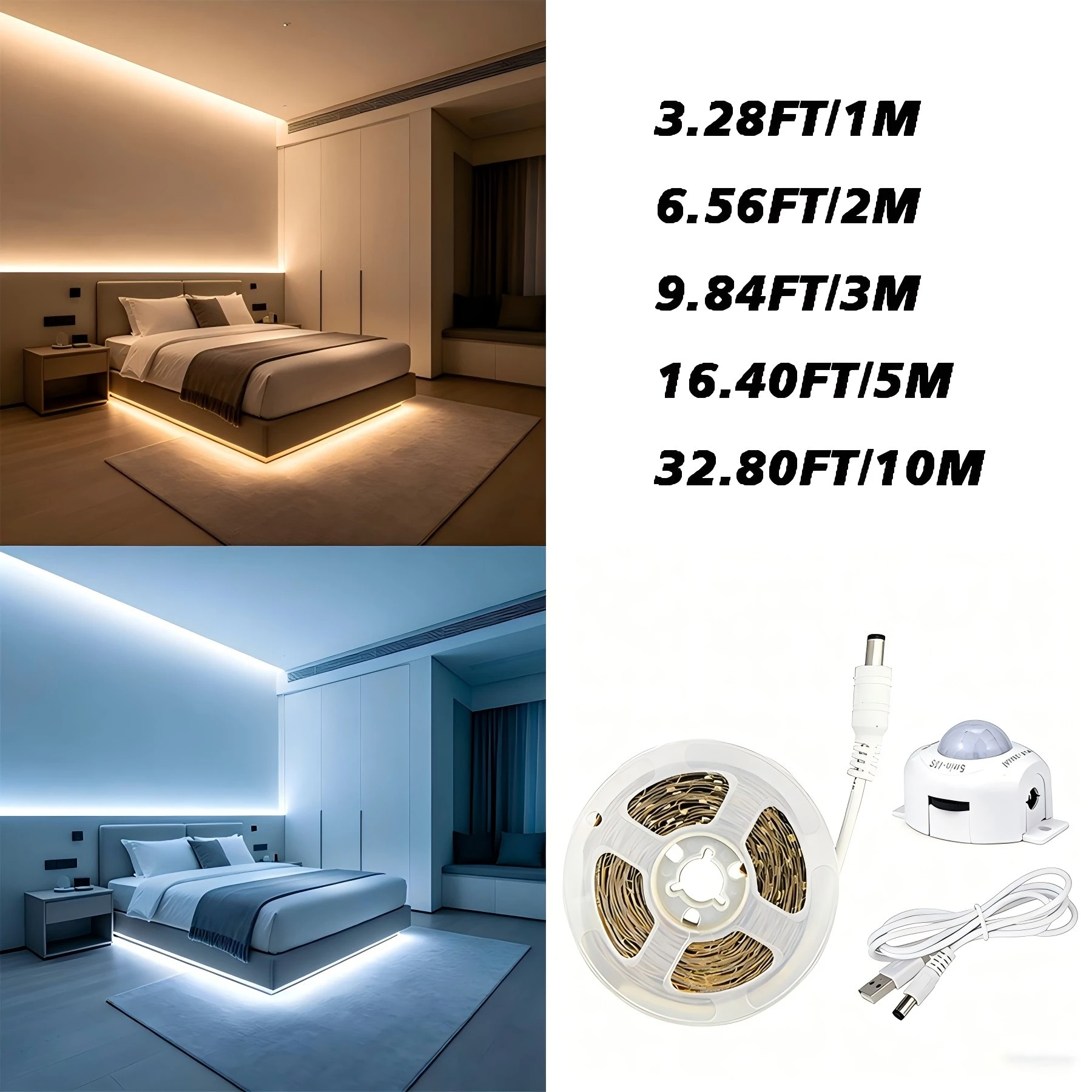 Motion-sensing LED light strip, USB powered, warm/white light, 5V. Ideal for stairs, closets, kitchens, bedrooms, and hallways.
