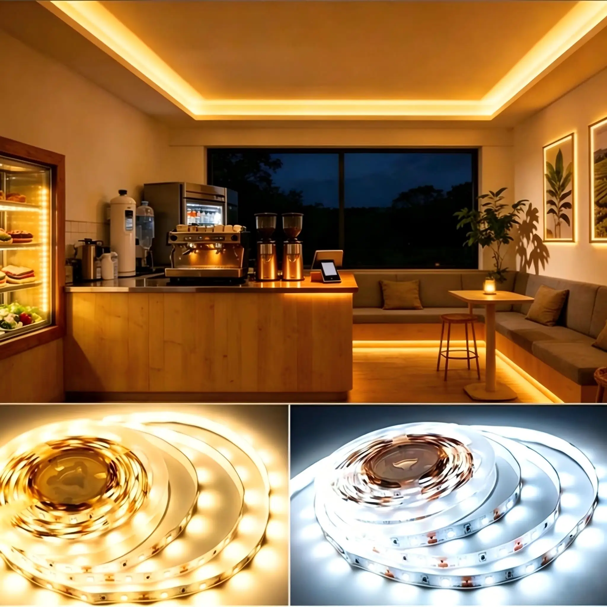 Motion-sensing LED light strip, USB powered, warm/white light, 5V. Ideal for stairs, closets, kitchens, bedrooms, and hallways.