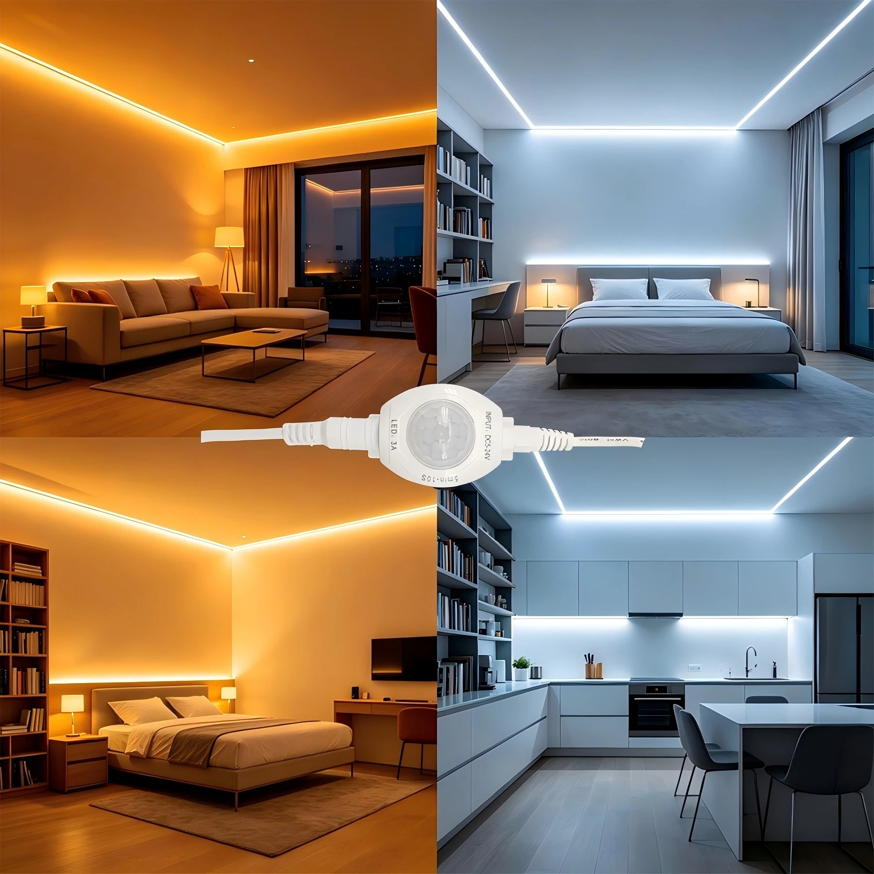 Motion-sensing LED light strip, USB powered, warm/white light, 5V. Ideal for stairs, closets, kitchens, bedrooms, and hallways.