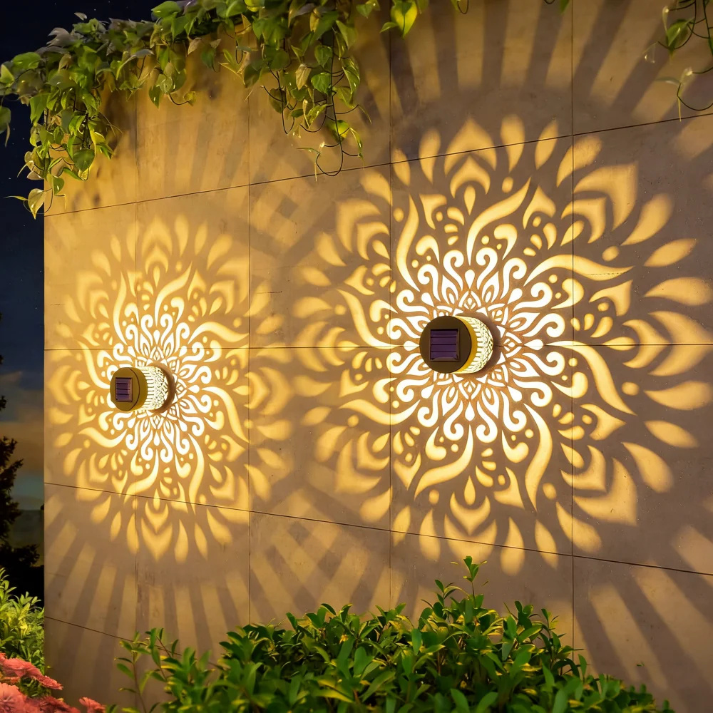 4PCS LED Solar Mandala Wall Lamp Openwork Projection Lawn Light Outdoor Garden Decor Landscape Light for Garden Lawn Fence Porch