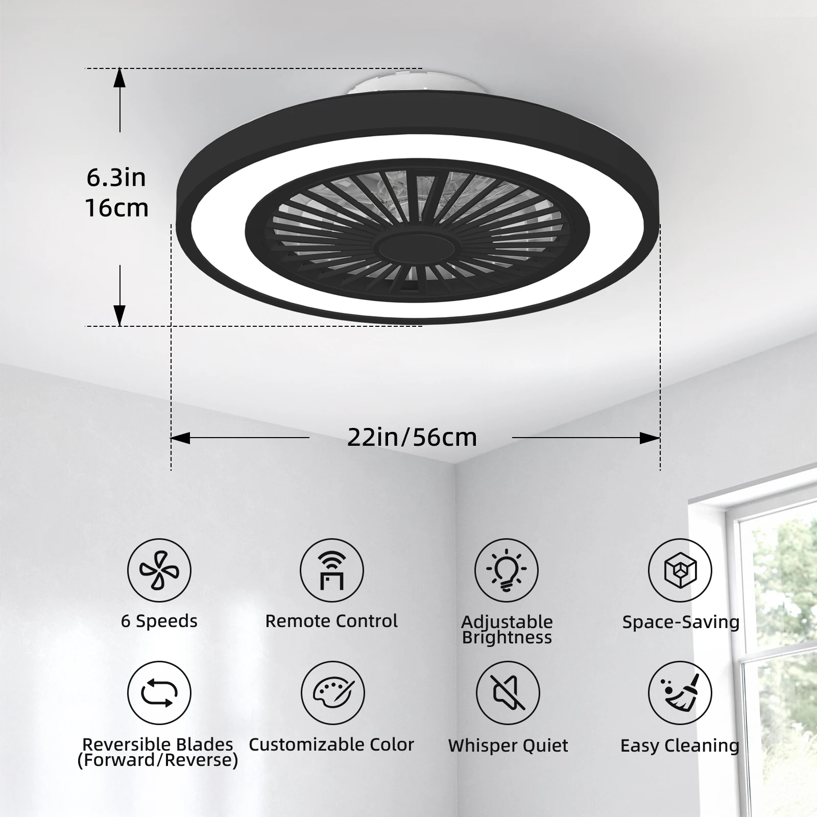 Silent Ceiling Fan with Light 6-Speed Choice Reversible DC Motor 3CCT 22inch with Remote Control Whisper Easy Install Black/White Shipped from USA