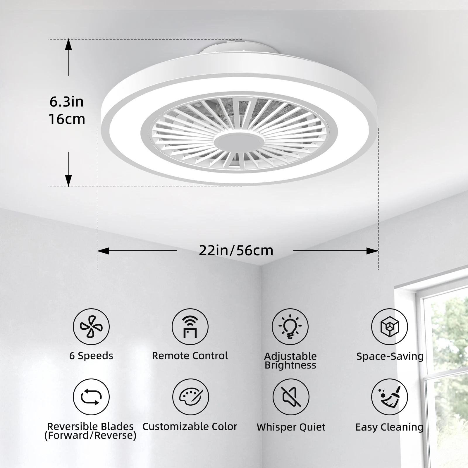Silent Ceiling Fan with Light 6-Speed Choice Reversible DC Motor 3CCT 22inch with Remote Control Whisper Easy Install Black/White Shipped from USA