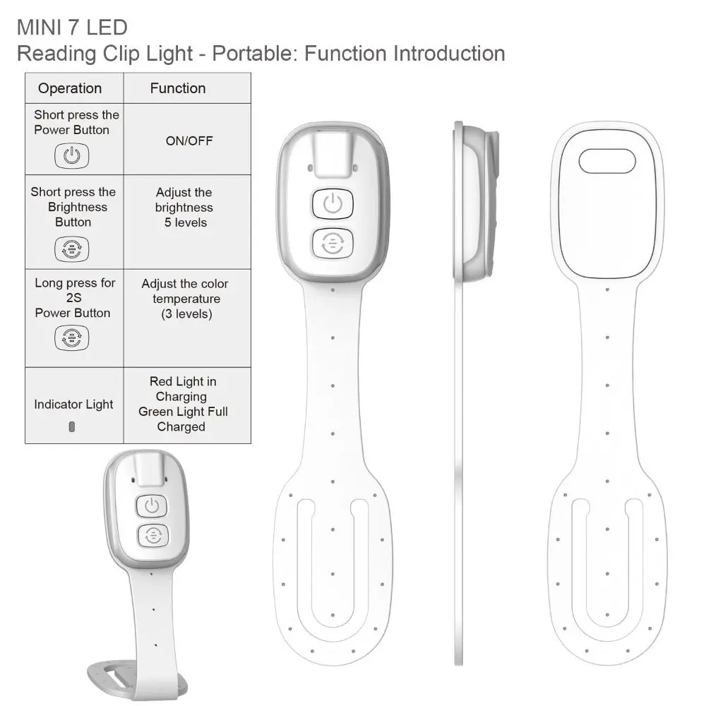2-in-1 Clip-On Book Light with Dimmable Brightness Ultra-thin Mini Book Light Rechargeable Eye-Caring LED Reading Light Travel