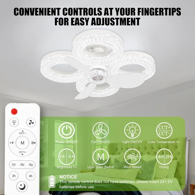 Smart LED Ceiling Fan Light 48W with Remote 3 Wind Speeds 2/4H Timer 3000K-6500K for Living Room Bedroom