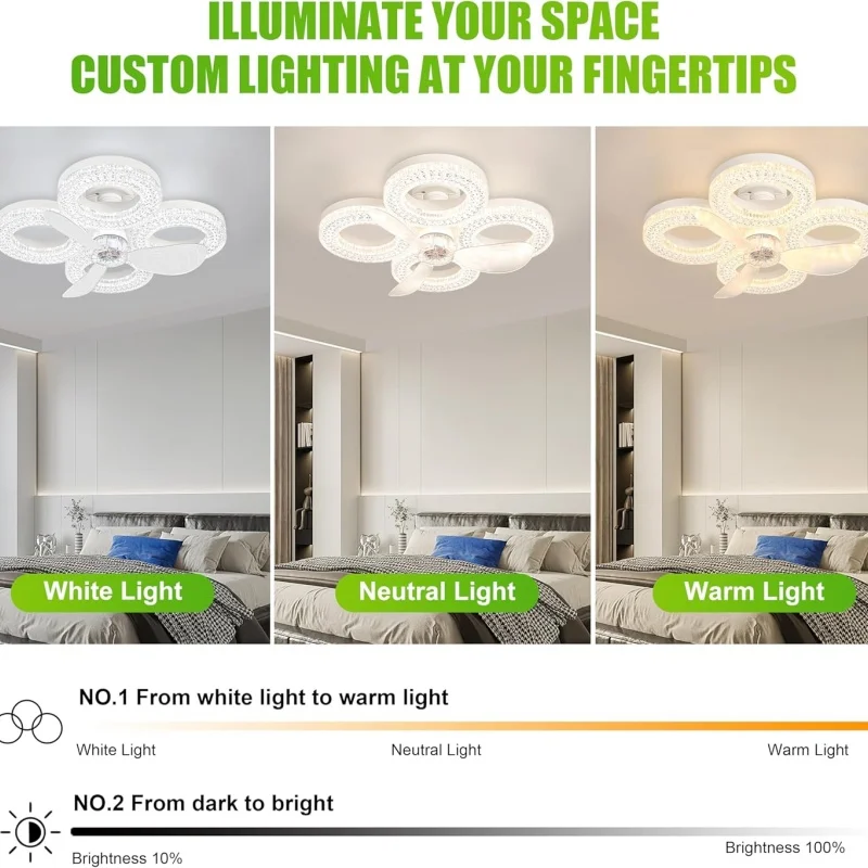 Smart LED Ceiling Fan Light 48W with Remote 3 Wind Speeds 2/4H Timer 3000K-6500K for Living Room Bedroom