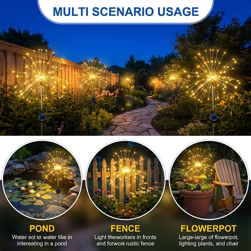 Solar Dandelion Firework Light Outdoor Waterproof Garden Fairy Lights for Christmas Halloween New Year Yard Patio Lawn Decor