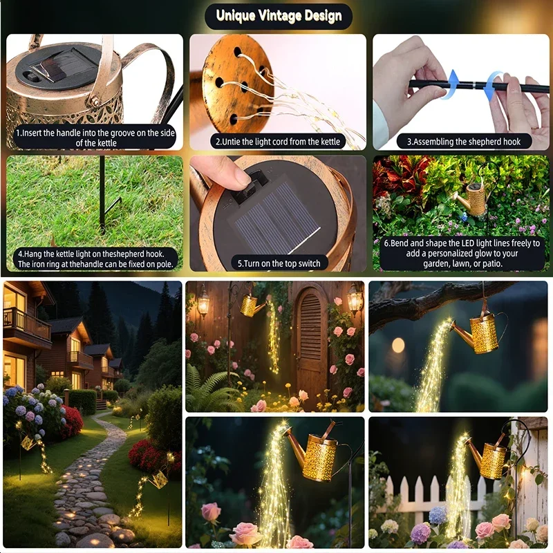 1/2Pcs Solar Lights Outdoor Watering Can LED Lamp Waterproof Hanging Lantern String Waterfall Decorative or Yard Patio Garden