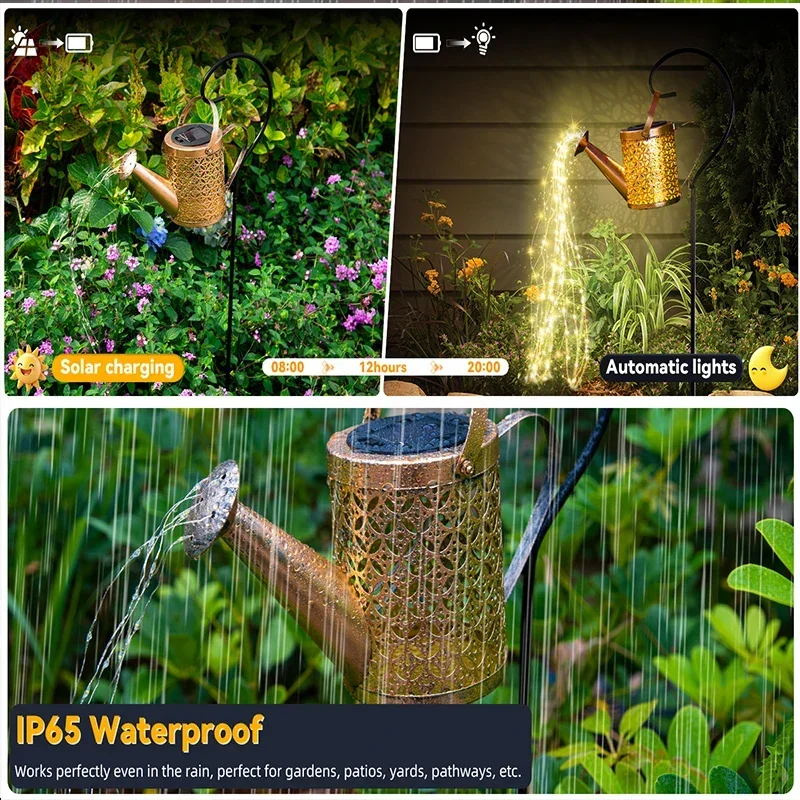 1/2Pcs Solar Lights Outdoor Watering Can LED Lamp Waterproof Hanging Lantern String Waterfall Decorative or Yard Patio Garden