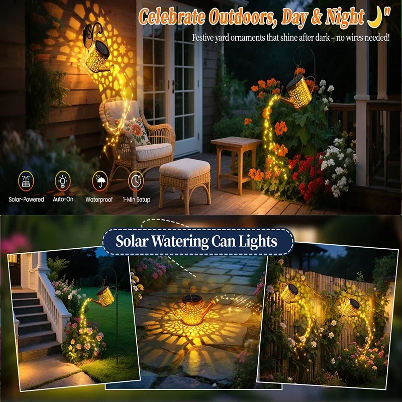 1/2Pcs Solar Lights Outdoor Watering Can LED Lamp Waterproof Hanging Lantern String Waterfall Decorative or Yard Patio Garden